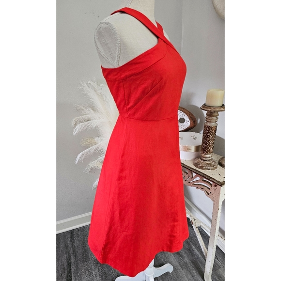 Ann Taylor Red Sleeveless Halter A-Line Blend Linen Midi Dress Size 4P NWT - Picture 3 of 7